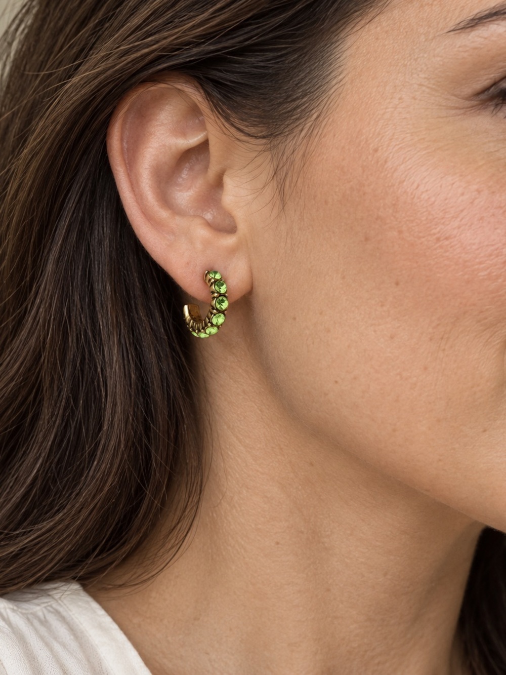 Gold Hoop Earrings Green Crystal Accents Womens Pierced Birthstone Hoop Earrings